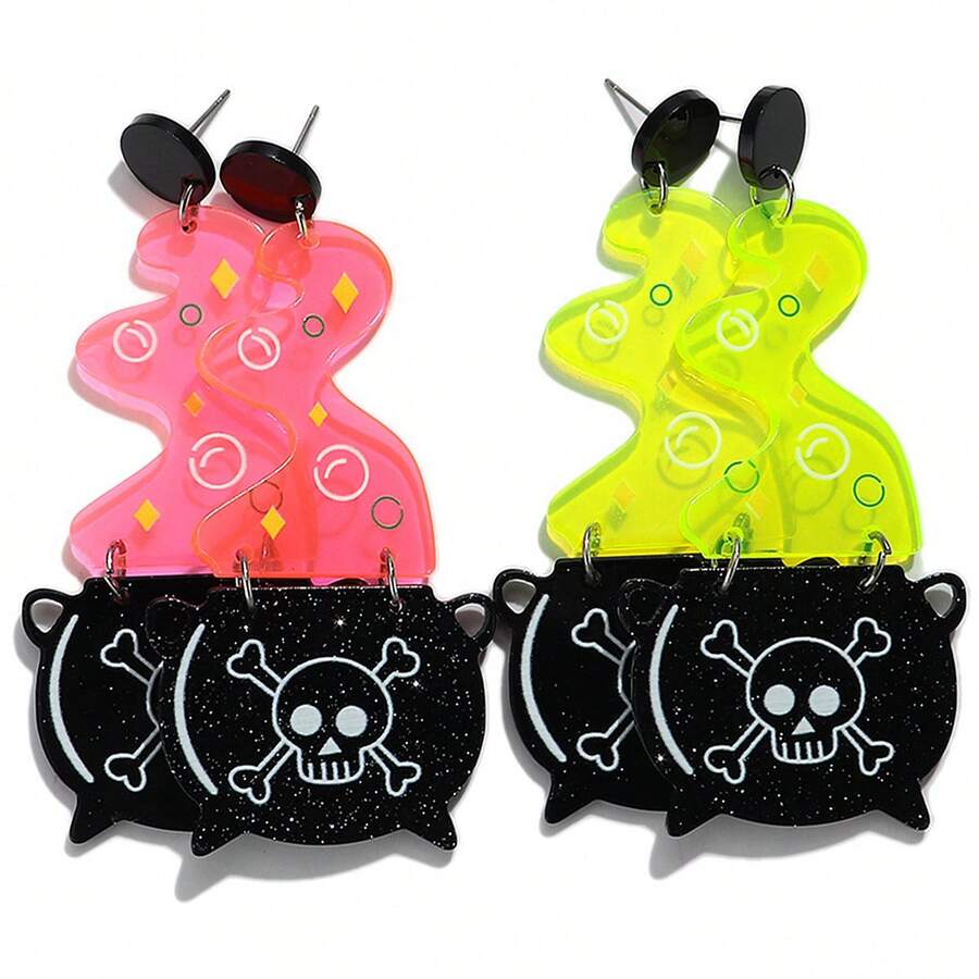 1 Pair Halloween Cute Neon Acrylic Skull Magic Potion Cauldron Pendant Earrings, Suitable For Women Holiday Wear And Gift Giving - Funny - View 1