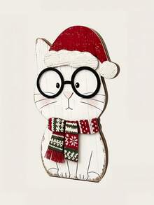 1pc Wooden Desktop Decoration, Freestanding Rustic Christmas Cat Figurine, Suitable For Mantel, Shelf, Dining Room, Home Christmas Seasonal Craft Decor Gift - Multicolor - View 14