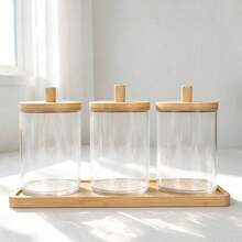 3pcs Transparent Plastic Round Cotton Swab Storage Box (With Tray) / 1pc Modern Portable Desktop Storage Box (Home Use) - Multicolor - View 13