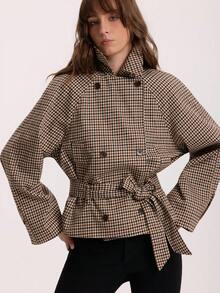 Women's Short Jacket Vintage Old Money Style Tie-Up Plaid Trench Coat Suitable For Autumn/Winter - Multicolor - View 6
