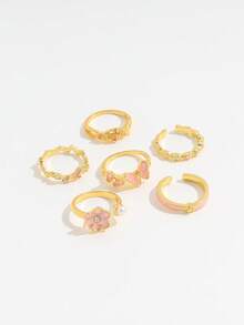 Set Cincin Tumpuk Multi-Elemen Bergaya Vintage Prancis dengan Glasir Tetes Enamel Imitasi, Motif Kupu-kupu, Bunga, Berlian Imitasi, Hati, dan Mutiara Imitasi untuk Wanita. - Emas - View 3