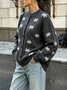 Autumn/Winter Snowflake Print Round Neck Button Long Sleeve Cardigan Sweater Jacket, Fashionable Elegant Minimalist Lazy Loose Versatile Elegant Knitwear - Grey - View 8