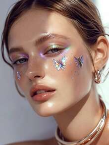 1pc Autumn New Black Holographic Butterfly Face Sticker, Colorful Butterfly Wings Embellished Black Butterfly, Dark Mysterious Atmosphere, Suitable For Creating Dark Gothic Y2K Punk Decorative Makeup - Multicolor - View 5