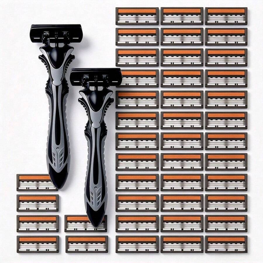 Men's Manual Razor Set, 3 Triple Blade Stainless Steel Razor Heads, Non-Slip Handle, Replaceable Refill Blades, Smooth Shaving Tool For Men Facial Grooming