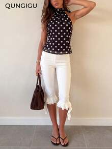 QUNGIGU Women Polka Dot Halter Top Backless Chiffon Shirts Casual Summer Apparel For Beach Vacation Daily Wear - Black and White - View 2