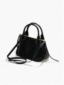 Women's PU Leather Shoulder Bag With Top Zipper Pocket And Buckle, Vintage Handbag With Adjustable Long Strap For Crossbody Wear, Everyday Tote - Black - View 2