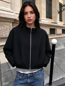 DEEKA 秋季新款女式歐美風極簡時尚百搭立領飛行夾克 - 黑色 - 查看 1