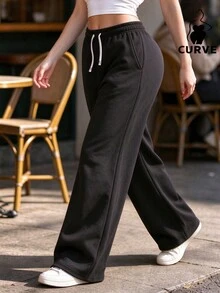 Women's Plus Size Casual Outdoor Minimalist Basic Black Pants, Comfortable Soft Skin-Friendly Long Trousers, Suitable For Indoor Wear And Outdoor Activities, Autumn Outfits Women, Black Trousers Women - Black - View 4
