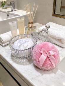 Elegant Glass Jar And Powder Puff Set With Soft Satin Bows Clear Cosmetic Container For Women Fluffy Powder Applicator For Face And Body Makeup Ribbed Vanity Storage Box With Lid Plush Powder Pads Dressing Table Organizer Makeup Tools And Accessories - Multicolor - View 5