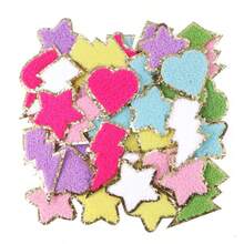 1Pc/3/5/8/10/12Pcs Star & Heart Shaped Glitter Velvet Applique Patches With Gold Edge, Multicolor Iron-On/Sew-On Velvet DIY Embroidery Patches For Women, Random Style, Random Color - Multicolor - View 9