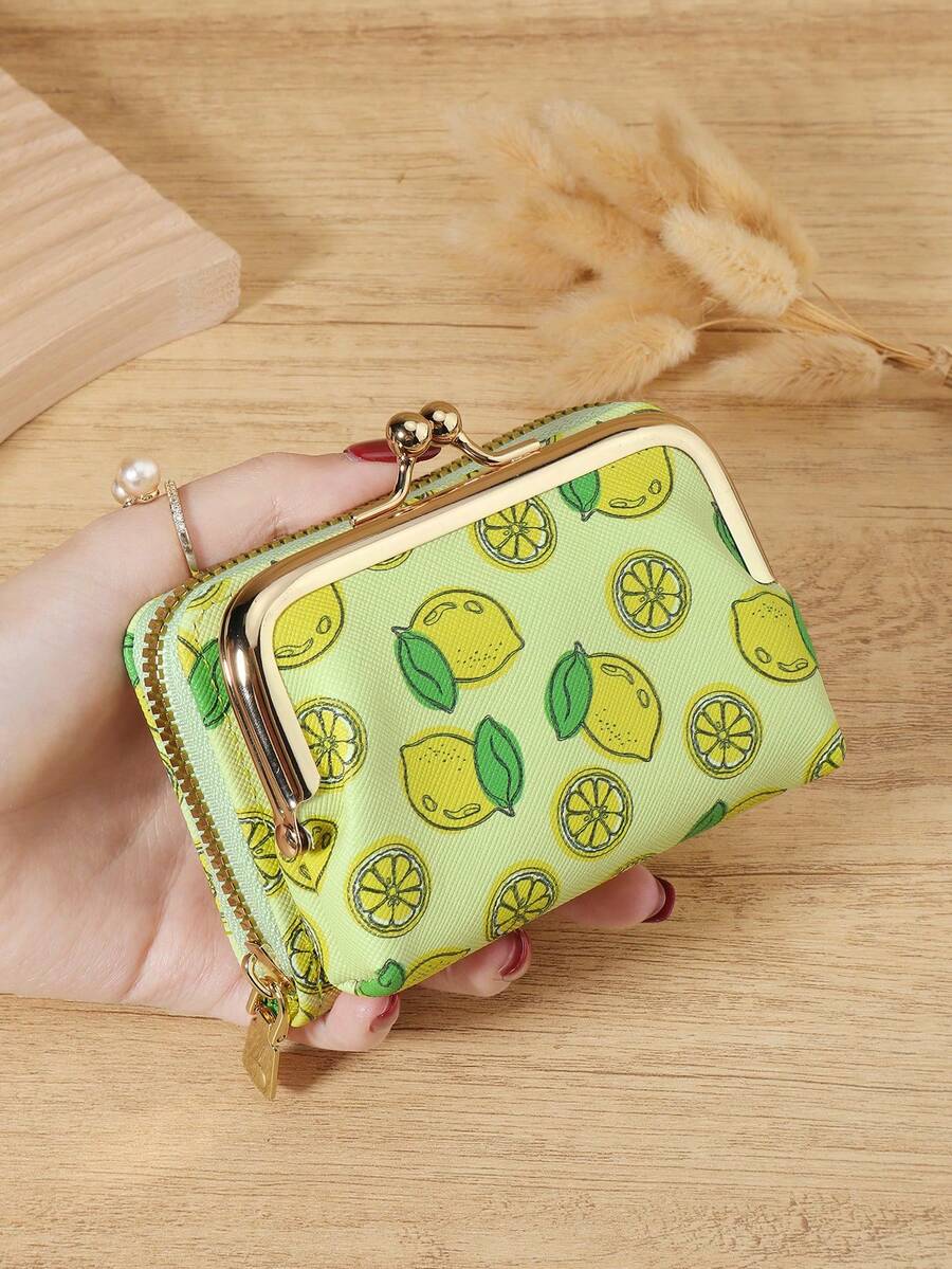 New Women's Fruit Printed Wallet, Multi Card Slot Function Wallet, Detachable Large Capacity Storage Bag, Suitable For Outdoor Use - Yellow - View 1