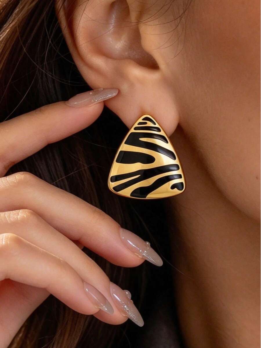 1 Pair Vintage Minimalist Sexy Leopard Print Triangle Geometric Stud Earrings, Autumn Women's Earrings For Daily, Party, Vacation, Casual And Date Wear - Multicolor 2 - View 1