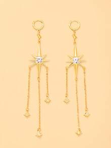 1pc Octagram North Star Multi-Chain Tassel Earrings, Rhinestone Embellished Celestial Style Long Drop Ear Hooks, Suitable For Prom, Wedding, Party - Rhinestones - View 11