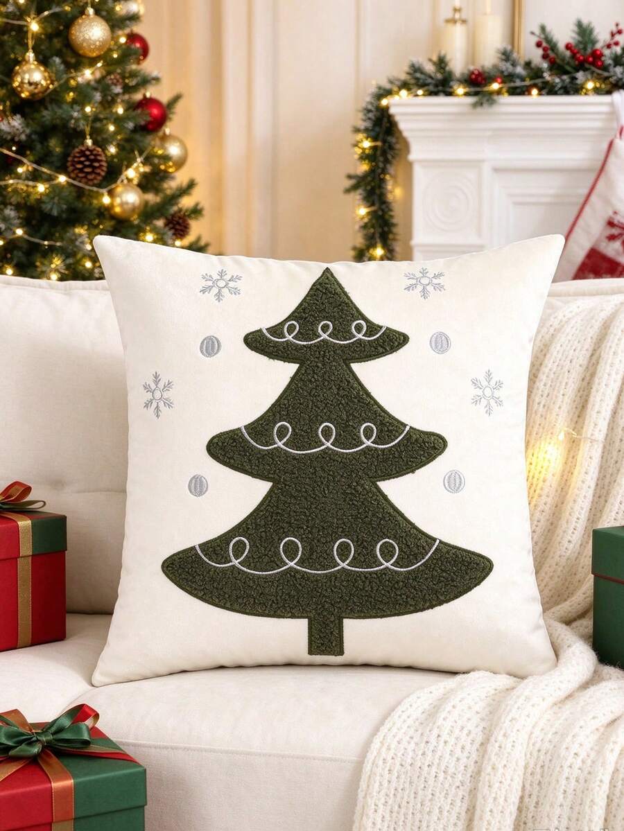 1件/2件裝聖誕綠色樹造型毛巾貼布繡枕套,雪花刺繡靠墊套,節日客廳沙發軟裝裝飾枕套(不含枕芯) - 軍綠色 - 查看 1