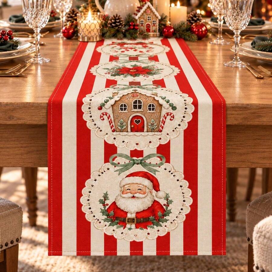 Christmas Table Runner, Santa Claus & Gingerbread Man Pattern, 13 X 72 Inch Christmas Decoration - Red Stripe - View 1