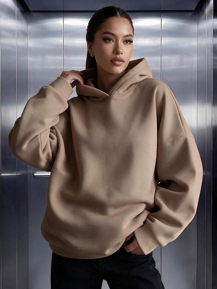 Women's Casual Comfortable Fleece Loose Hoodie, Autumn/Winter Daily Wear, Wardrobe Essential, Autumn/Winter, Clean Cut - Khaki - View 4
