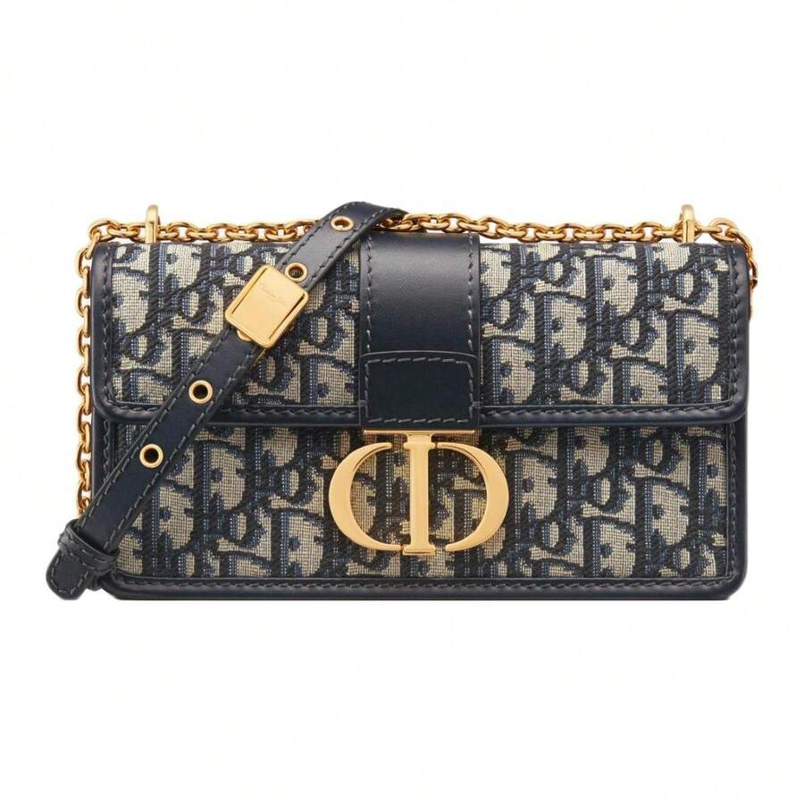 DIOR 30 Montaigne bolso de mano con cadena, estampado monograma bordado, cierre de solapa, bolso tipo caja, bolso cruzado, de tela, bolso de hombro, pequeño, para mujer, azul - Azul Marino - Ver 1