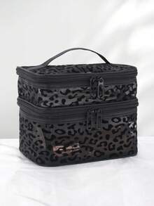 1pc Leopard Print Black Mesh Makeup Bag, Portable Handheld, Large Capacity, Can Store Cosmetics And Makeup Tools, Suitable For Home And Travel, Ideal Choice For Women - Black - View 6