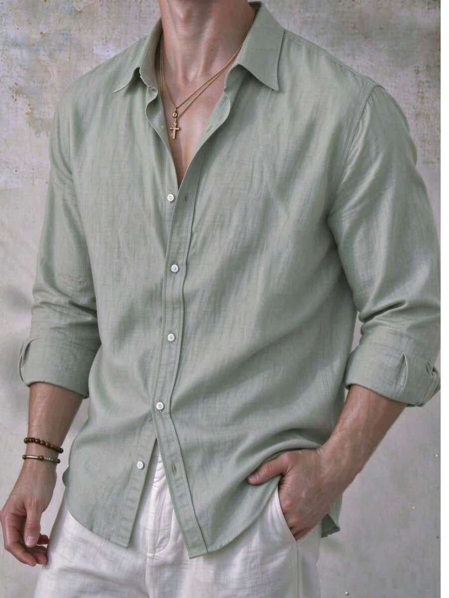 Men's Casual Versatile Solid Color Comfortable Long Sleeve Shirt, Suitable For Daily Wear, Holiday Gift, Bamboo Fiber Solid Color Commute, Skin-Friendly Breathable Casual Style - Mint Green - View 1
