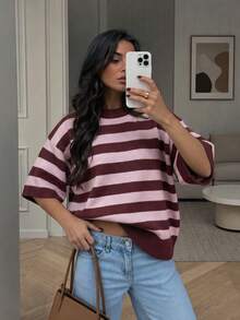 Women's New Autumn Color-Block Striped Crew Neck Knit Top, Soft And Casual, Daily Wear, Preppy Style - Early Red & Peach Pink - View 1