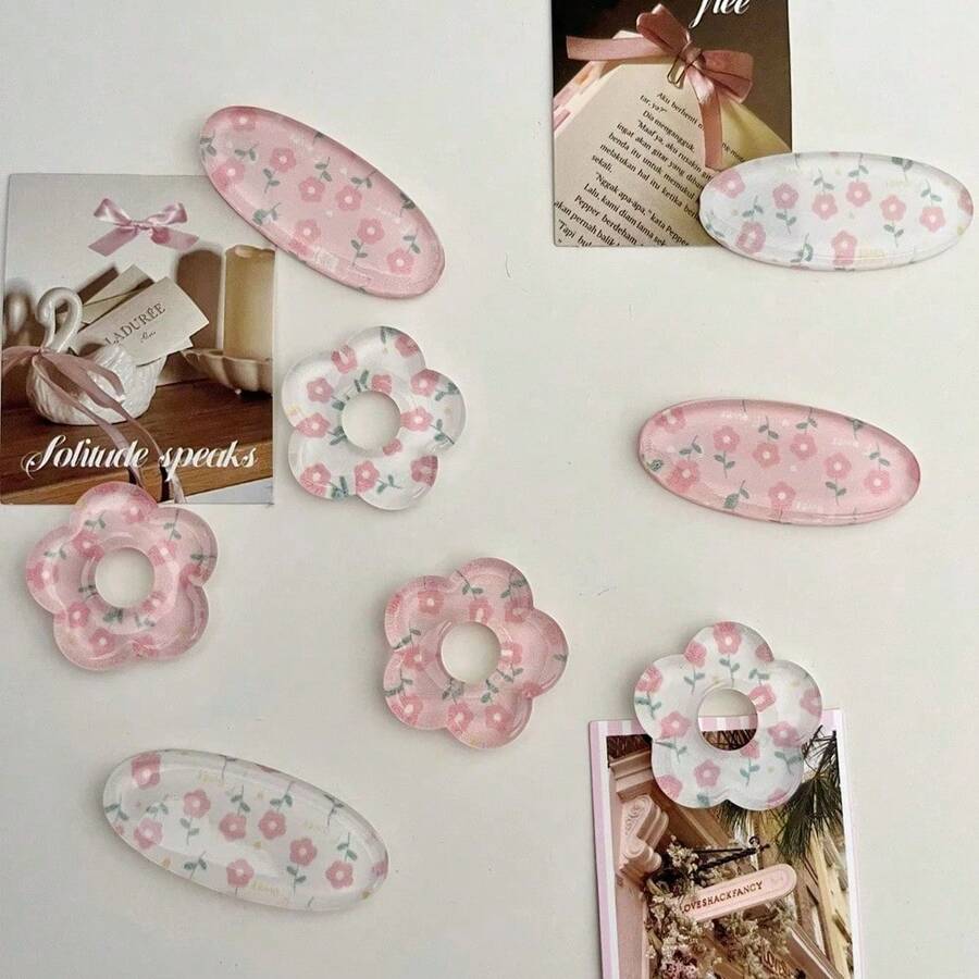 2/4/8pcs Pink Floral Fridge Magnets, Oval And Flower Shaped Refrigerator Magnets, Kitchen Photo Clips, Decorative Accessories - Multicolor - View 1