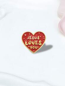 1pc Jesus Loves You Heart Shaped Enamel Pin, Red & Gold Letter Alloy Brooch, Suitable For Backpack, Jacket, Collar And Other Clothing, Ideal Accessory Gift - Red - View 4