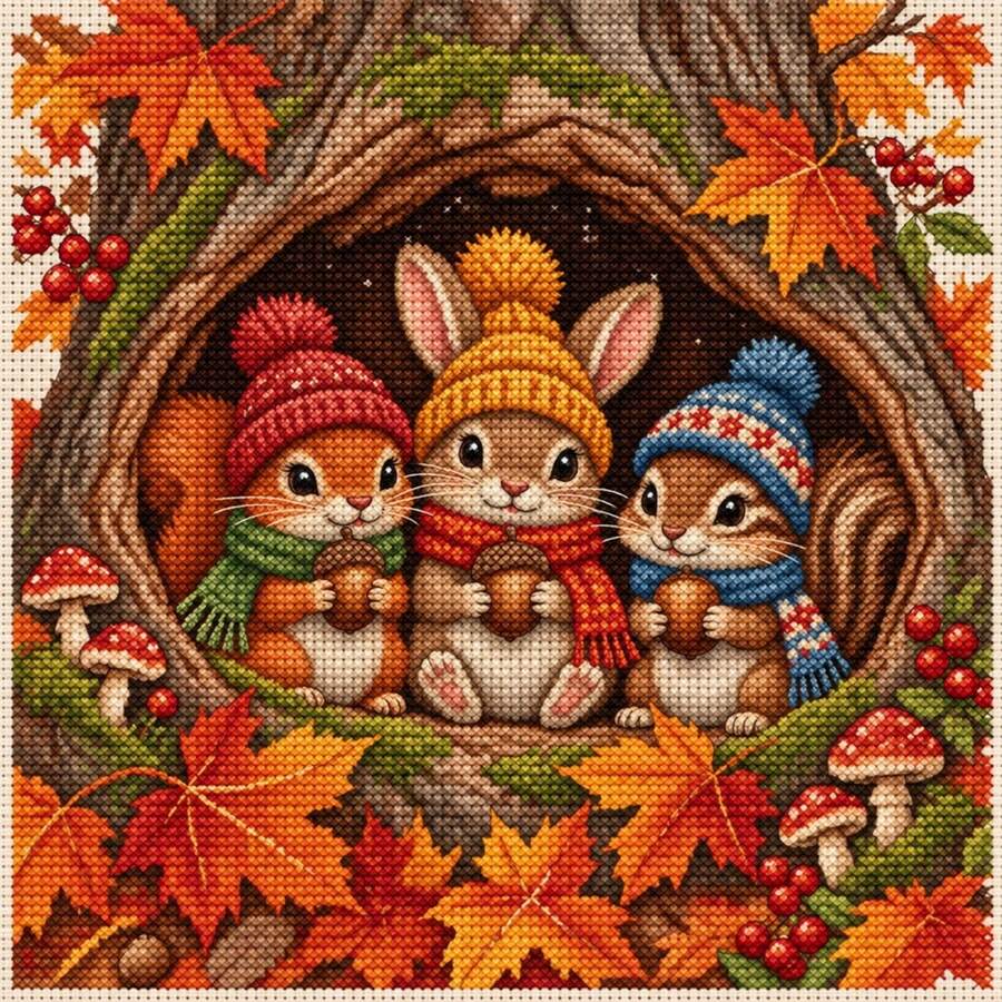 1pc Autumn Tree Hollow Animal Cross Stitch Kit 38x38cm [15x15 Inches] 11CT Cute Squirrel Rabbit Print, Beginner Stress Relief Handmade, Autumn/Winter Atmosphere Living Room Decor