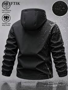 Men's Solid Color Hooded Windbreaker Jacket With Adjustable Drawstring Hood, 23 Shield & Earth Print, Elastic Cuffs, Zipper Pockets, Outdoor Functional Jacket - Black - View 2