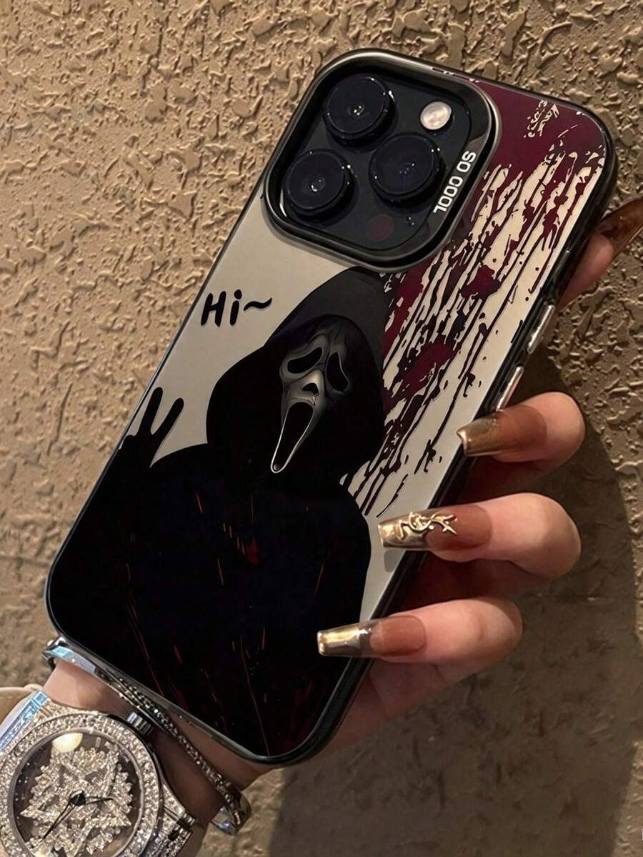 بطانية هاتف ناعم شامل الحماية بقاعدة فضية وإطار عدسة نافذة كبيرة، بتصميم وجه شبح هالوين وصرخة وعلامة V وقطرات دم وغرافيتي Hi English، ستايل رعب داكن وكول للأولاد والبنات، مخصص ومضاد للسقوط، متوافق مع iPhone 17/17Pro/17ProMax/16/11/16Plus/16ProMax/16e/15ProMax/13/14/12/14ProMax/12ProMax/13ProMax/12Pro/13Pro/14Pro - إطار أسود رمادي فضي - مشاهدة 1