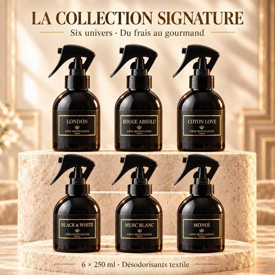 Zimaya مجموعة عطور نسيج Gris Montaigne Paris 6 * 250 مل | لندن، Rouge Absolu، Coton Love، أسود وأبيض، مسك أبيض & Monoï | 6 روائح - قطعة رقم 6 - مشاهدة 1