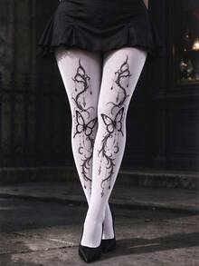 1 Pair Retro White Tights, Butterfly Vine Print Pantyhose For Women - White - View 2