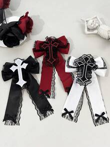 1pc Gothic Embroidered Cross Lace Bow Ribbon Hair Clip, Vintage Lolita Long Ribbon Back Of Head Alligator Hair Clip Accessory - Multicolor - View 3