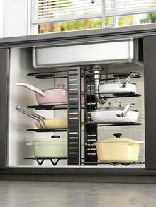 8-Tier Adjustable Cookware Rack, Expandable Metal Pot Lid Organizer, 3 DIY Assembly Methods, Kitchen Utensil Storage Cabinet - Black - View 2