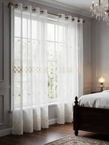 1pc White Geometric Floral Embroidered Sheer Curtain, Bohemian Style Polyester Rectangular Grommet Top Lace Border Light Filtering Window Drape For Bedroom Living Room Home Decor - White - View 1