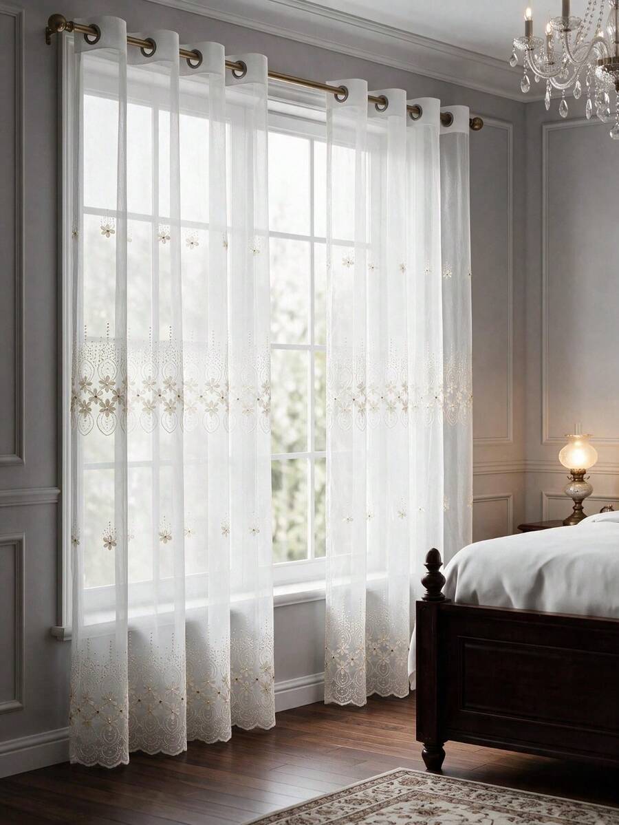 1pc White Geometric Floral Embroidered Sheer Curtain, Bohemian Style Polyester Rectangular Grommet Top Lace Border Light Filtering Window Drape For Bedroom Living Room Home Decor - White - View 1