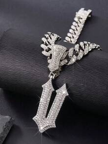 Iced Out Gothic 26 Letter Pendant Cuban Link Chain Necklace, Hip Hop Bling Rhinestone Men's Necklace, Street Party Jewelry Gift - Letter - View 31