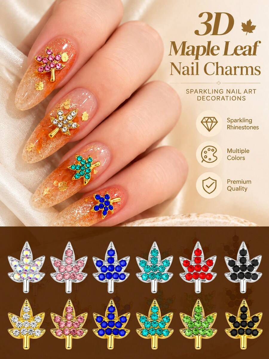 48pcs Autumn Maple Leaf Alloy Nail Art Charms, Gold & Silver Base 3D Leaf Nail Decoration Accessories