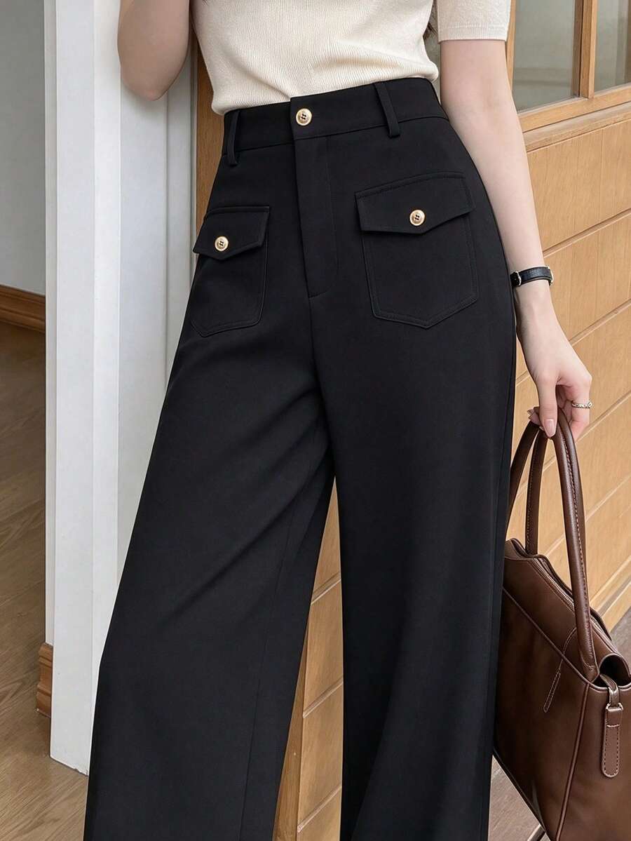 minisummer Women's Autumn High Waist Wide Leg Pants, Elastic Waistband, Metal Button Flap Pockets, Office Suit Trousers - Black - View 1
