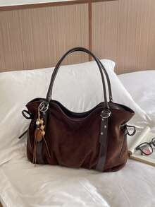 Vintage Suede Tote Bag For Women, Autumn/Winter New Large Capacity Relaxed Style Shoulder Bag With Side Drawstring And Wooden Bead Charm, Commuter Handbag - Coffee - View 4