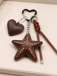 1pc Vintage Punk Style PU Leather Rivet Pentagram Keychain With Heart Pendant Braided Leather Rope Bag Charm, Personalized Heart Climbing Carabiner Pendant, Suitable For Backpack, Handbag Decoration, Car Key Fob, Girls Niche Fashion Accessory, Holiday Gift - Multicolor - View 6