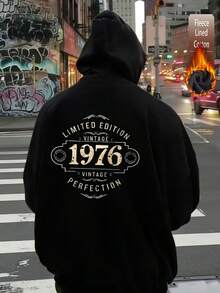 Men's Fleece Hooded Sweatshirt, Back Printed With "LIMITED EDITION VINTAGE 1976 VINTAGE PERFECTION" And Decorative Pattern, Y2K Style, Autumn/Winter - Black - View 3