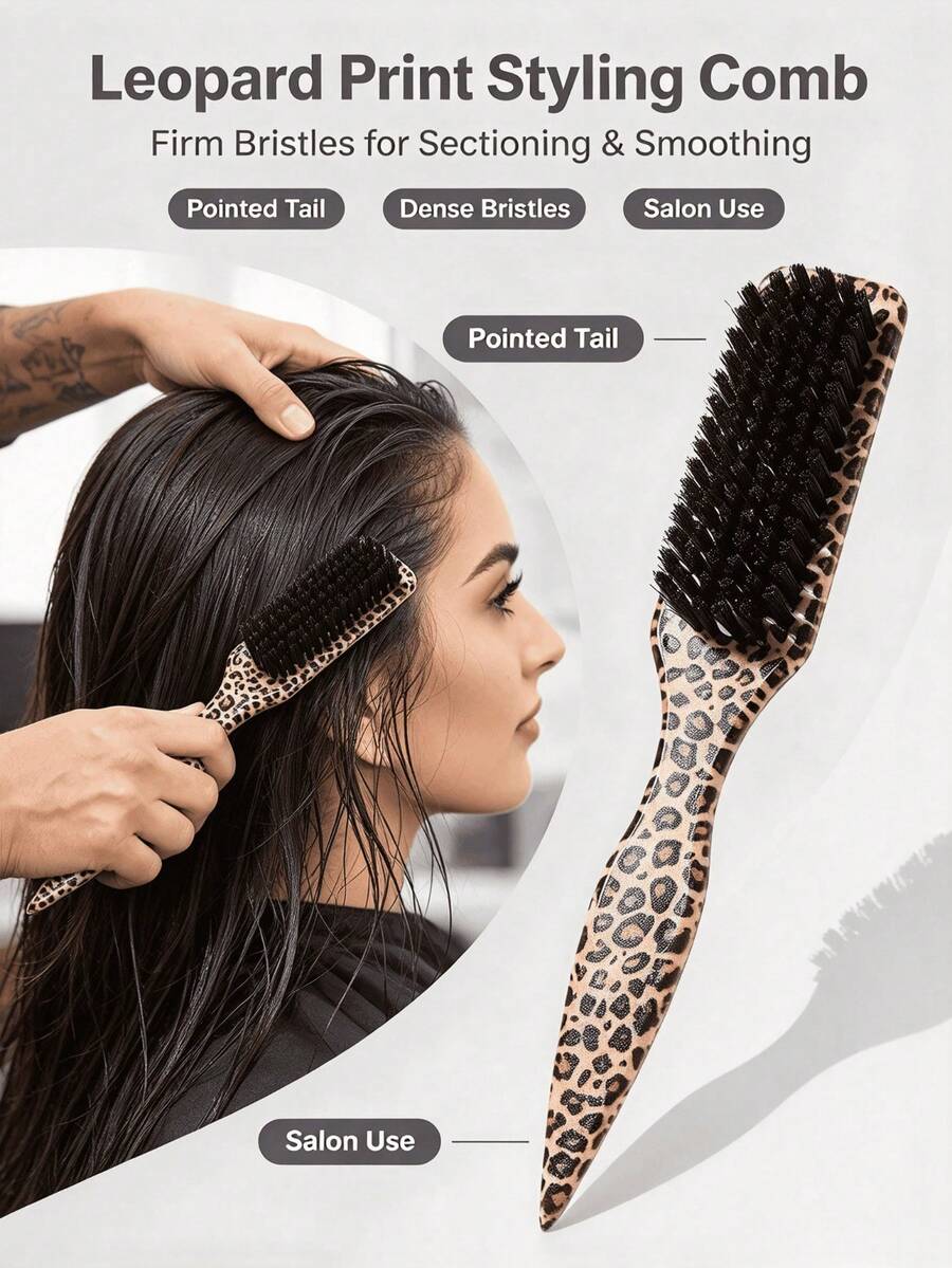 1pc Leopard Print Edge Control Hair Brush, Women's, Smooth Back Comb, For Flyaways, Hairline Styling Comb, Suitable For Smooth Ponytail, Bun And Updo, Pointed Tail Handle For Easy Sectioning, Unisex, Recommended As Halloween Gift, Christmas Gift