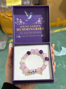 1pc Hummingbird Women's Charming Purple Hope Beaded Elastic Bracelet, Exquisite Spring Garden Jewelry Gift (With Gift Box) - Purple - View 6