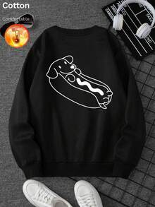 Men's Autumn/Winter Thermal Lined Crew Neck Loose Sweatshirt With Hot Dog Pattern - Black - View 3
