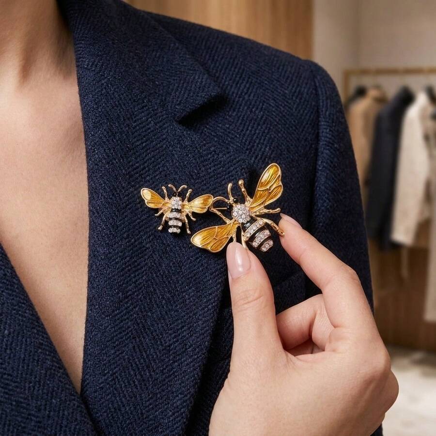 1pc Double Bee Enamel Crystal Brooch, Vintage Gold Tone Insect Design, Fully Embellished With Sparkling Rhinestones, Exquisite 3D Bee Pin, Women's Luxury Fashion Jewelry, Suitable For Decorating Suit Lapels, Scarves, Coat Collars, Also A Unique Gift For Bee Lovers - Multicolor - View 1