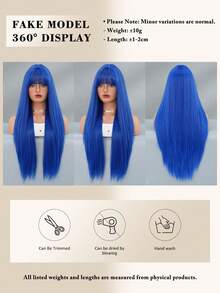 NAMM Blue Long Straight Wig With Bangs Fluffy Synthetic Heat-Resistant Fiber Hair, Fashion Versatile Style Costume Wig For Women Daily & Carnival Wear, Halloween Party Cosplay Use 28-Inch - Blue - View 6
