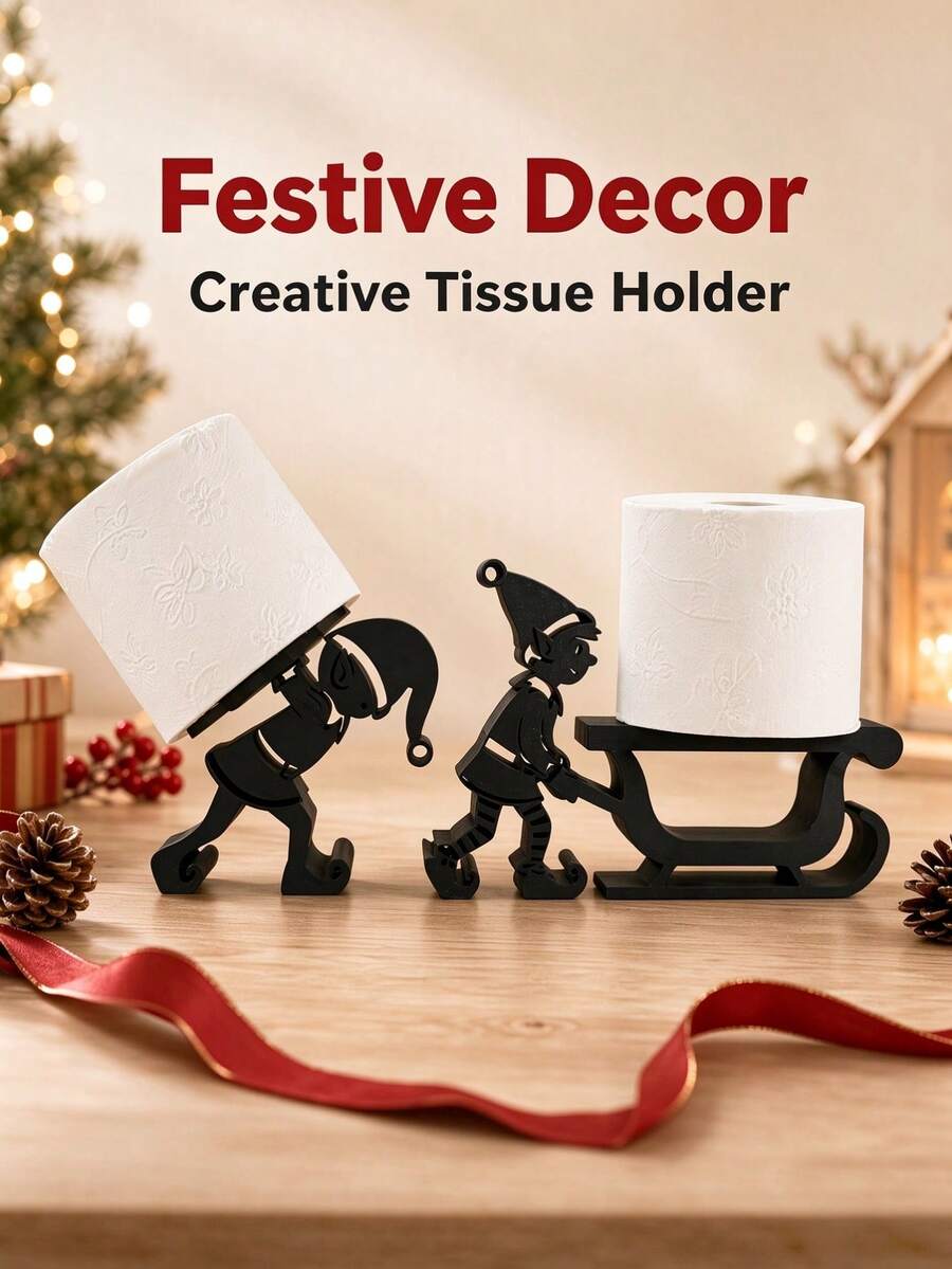 1pc Christmas Tissue Holder,Christmas Elf Sleigh Tissue Holder, Creative Silhouette Tabletop Roll Paper Stand. For Bathroom, Dining Table & Kitchen Counter, Fun Christmas Decor, Great Holiday Gift For Festive Home Lovers.