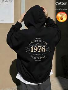 Men's Fleece Hooded Sweatshirt, Back Printed With "LIMITED EDITION VINTAGE 1976 VINTAGE PERFECTION" And Decorative Pattern, Y2K Style, Autumn/Winter - Black - View 10