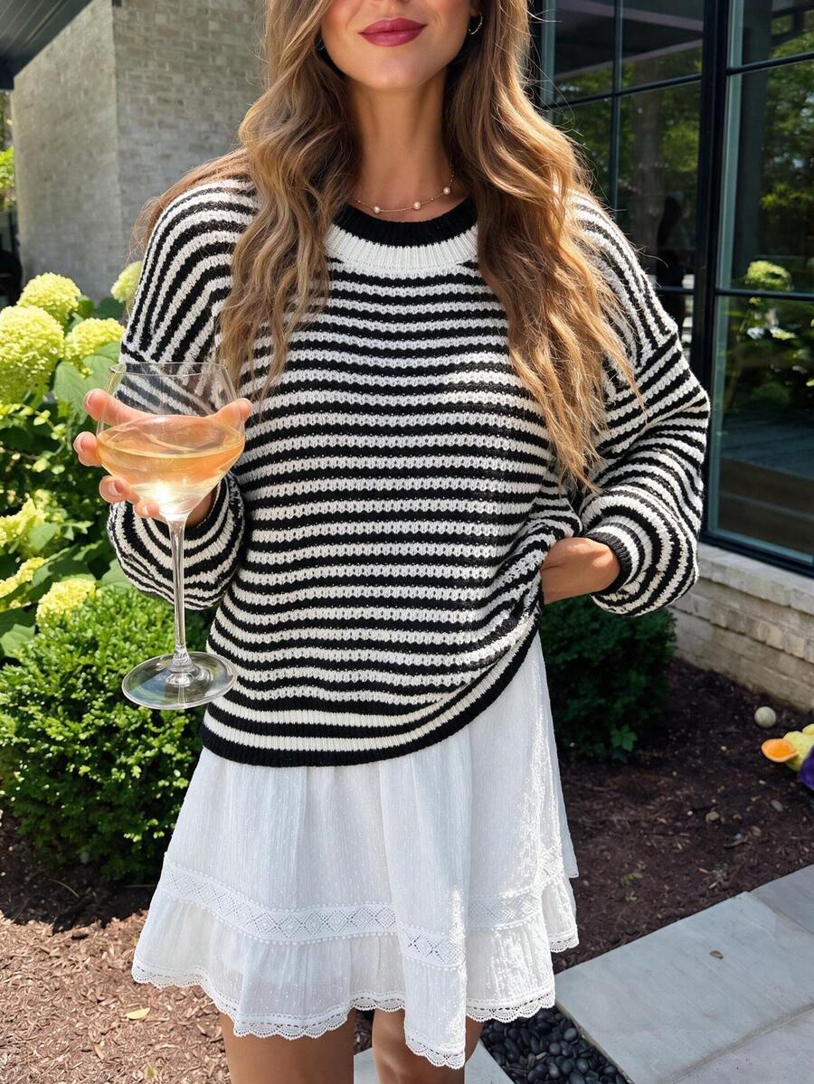 FOR BEAUTY Autumn Summer Women Y2K Striped Round Neck Lantern Long Sleeve Sweater Elegant Casual Loose Pullover Going Out Wear Women Sweaters Fall - Black - View 1