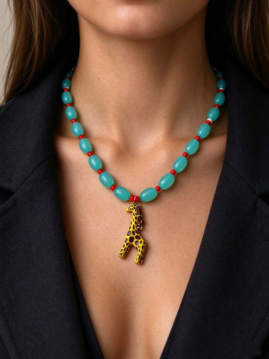 Giraffe Pendant Necklace Colorful Beaded Enamel Charm Quirky Fun Jewelry - Deer - View 1